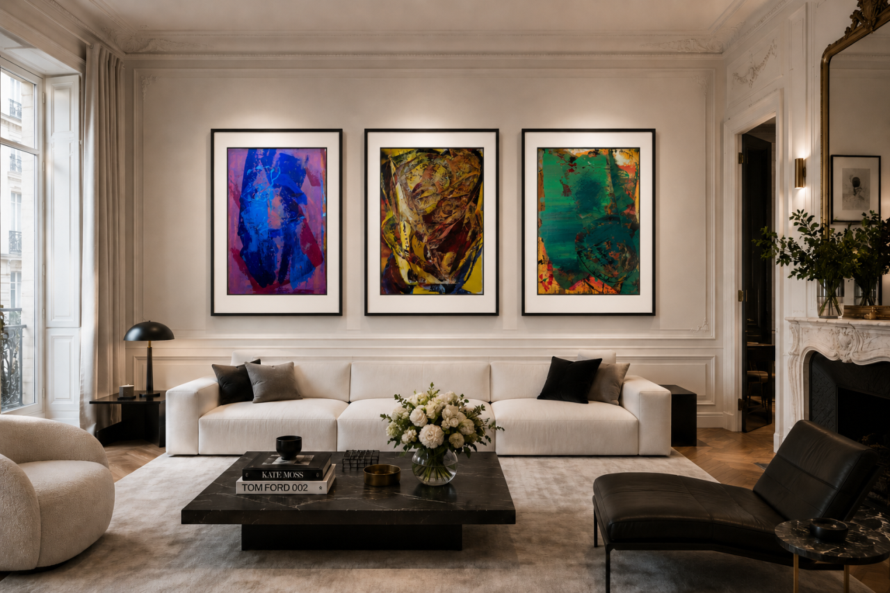 Three colourful artworks presented in an elegant contemporary interior