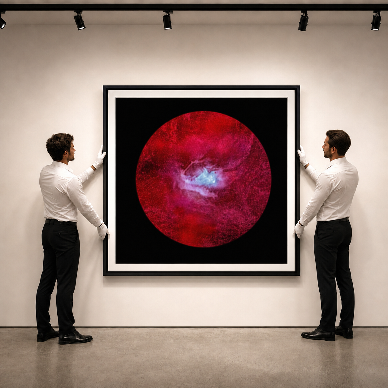 Art handlers installing a large red contemporary artwork in a gallery