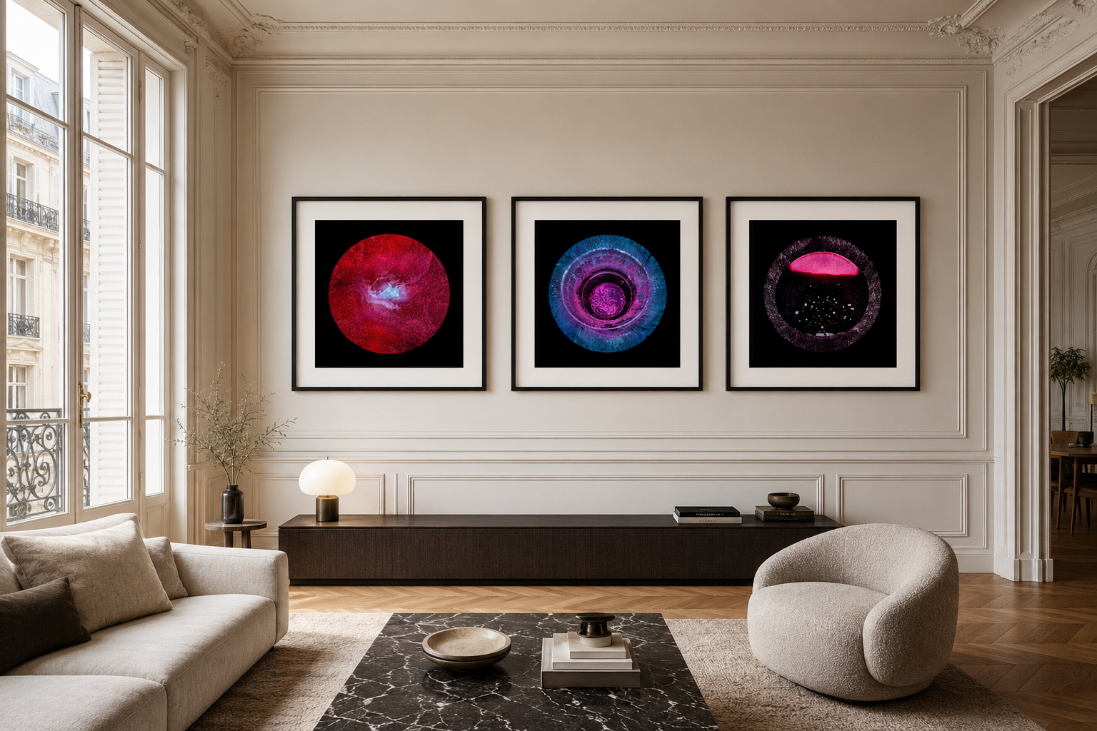 Three circular artworks in a refined Paris residence