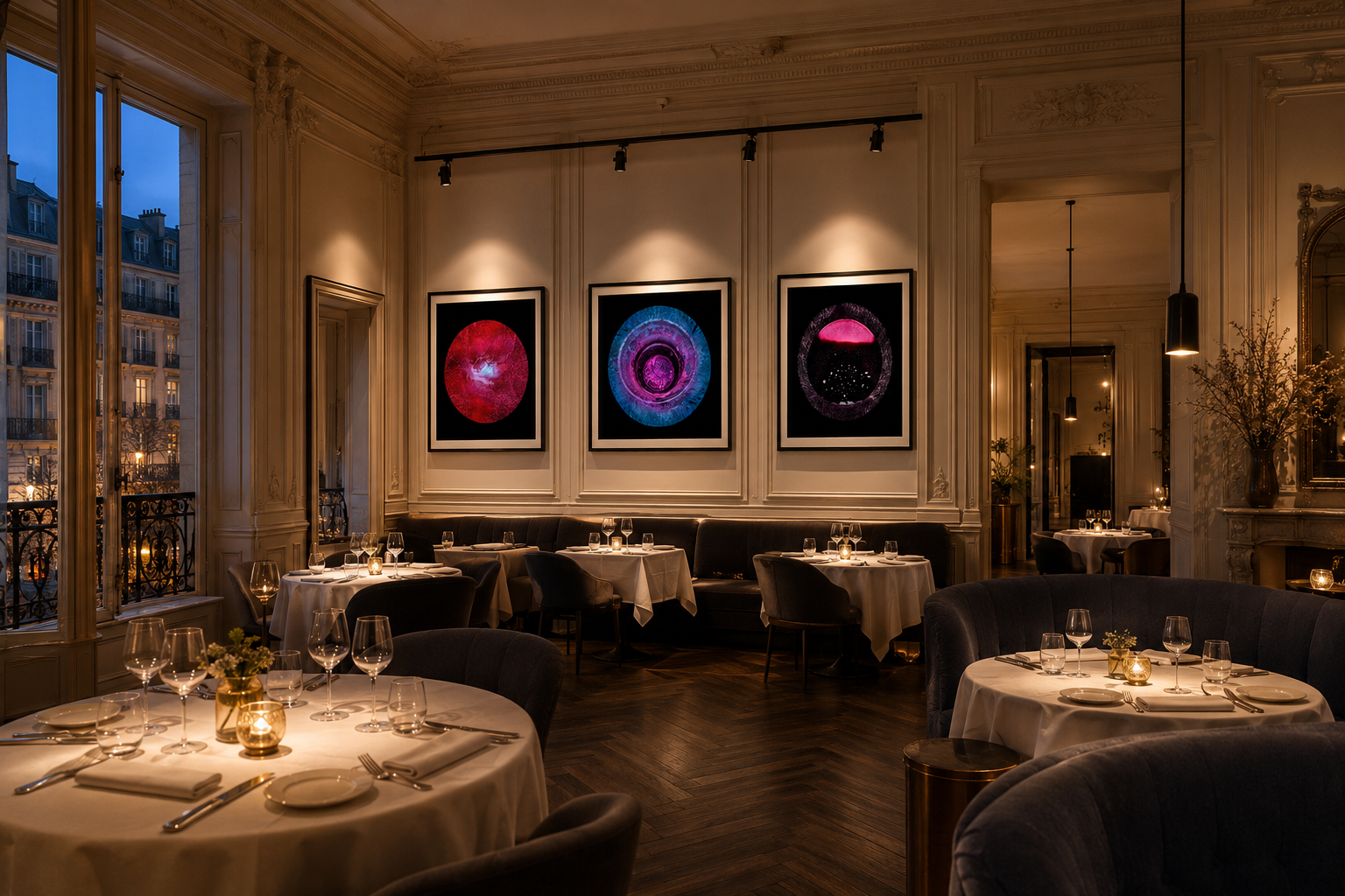 Three circular artworks presented in a luxury restaurant interior