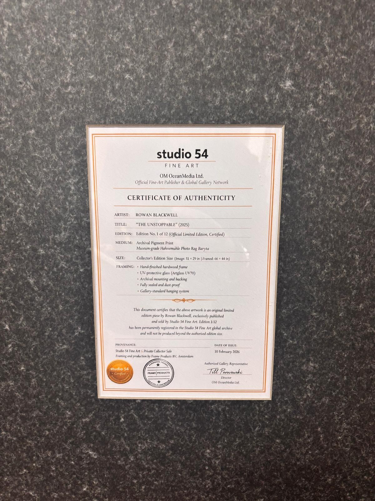 Studio 54 Fine Art certificate of authenticity fixed to the artwork backing
